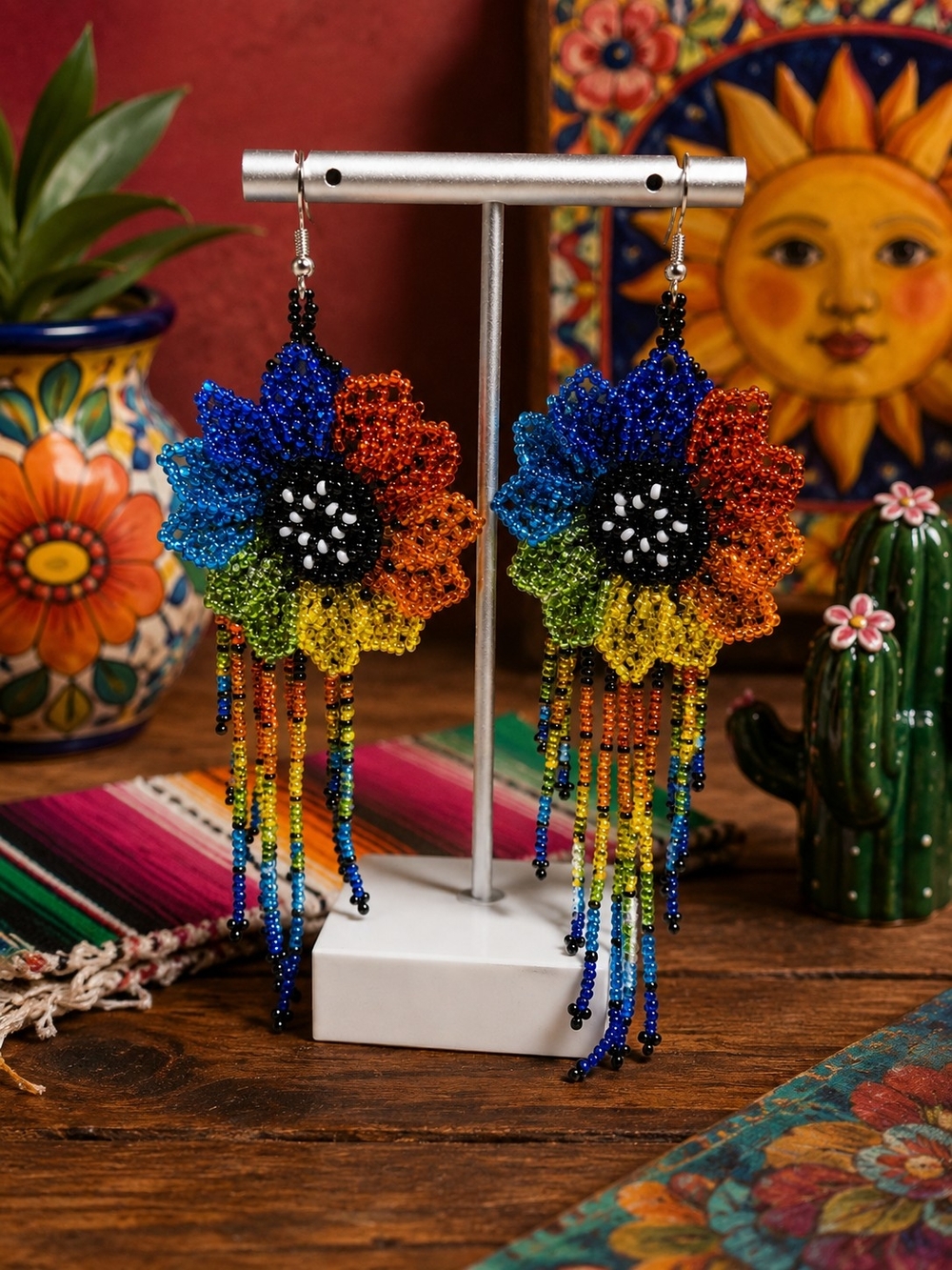 Handmade Multicolor Beaded Flower Fringe Earrings - Women Jewelry Earrings